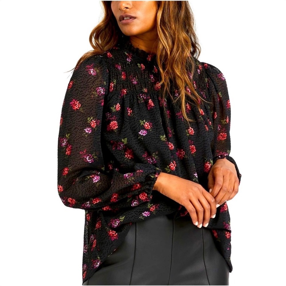 Banana Republic Black Floral Clip Dot Smocked Mock Neck Blouse Womens Large